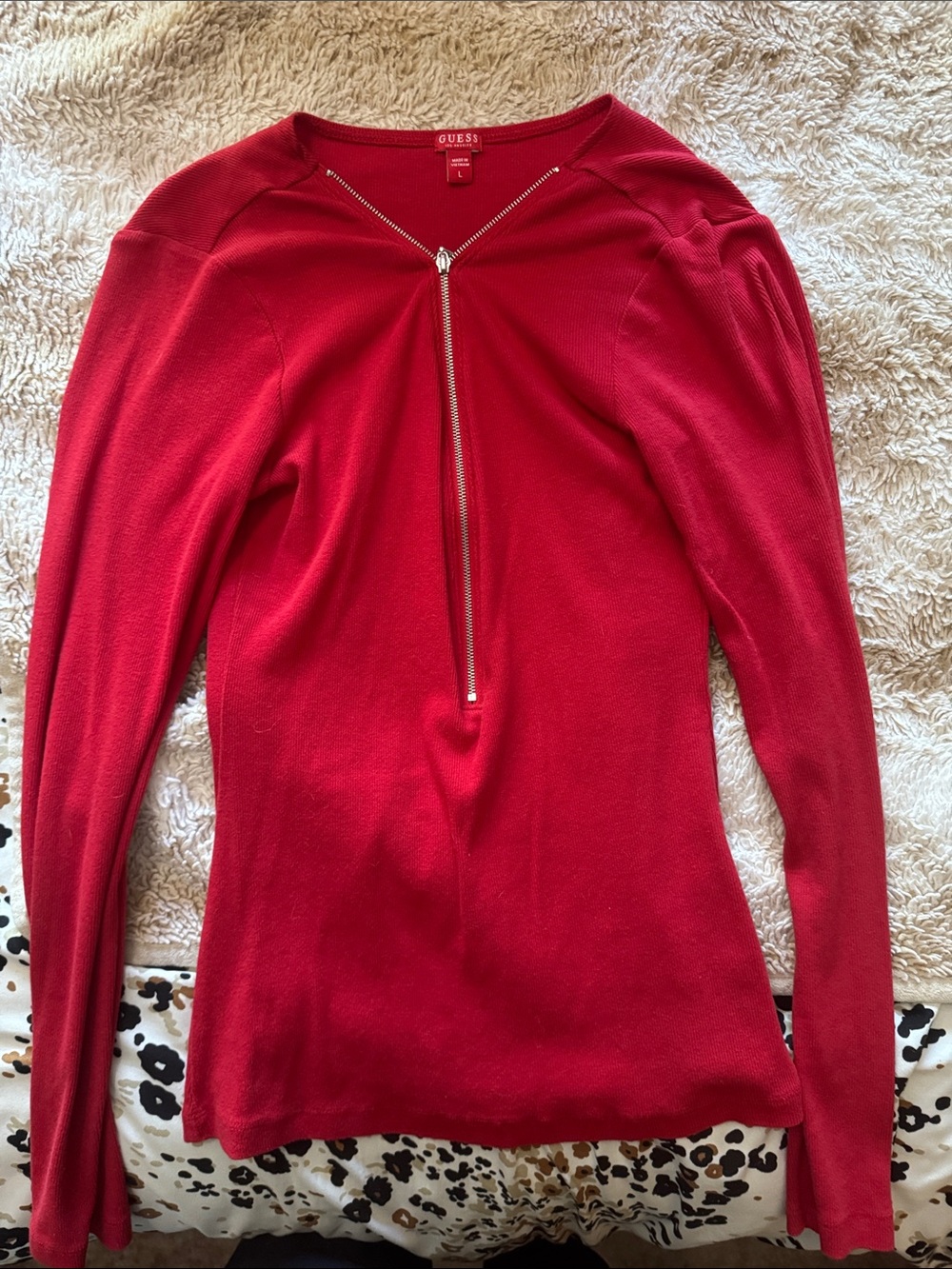 GUESS Red Long-Sleeve Zip Front Knit Top
